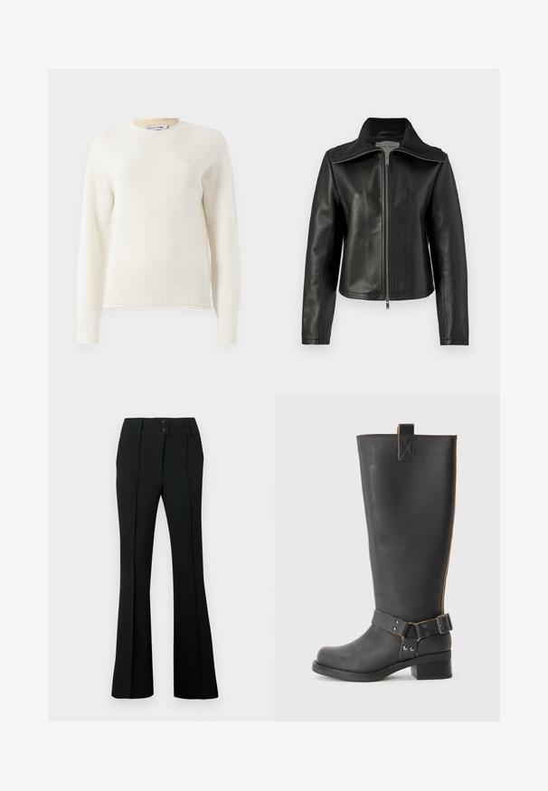 Must must vest must aluse kraevi, esise eesukard, ja pikkade varrukatega. Omab siledat tekstuuri ja istuvat disaini. Ilma nähtavate mustriteta.; Kreemjas tooni kudumitega pikkade varrukatega sviiter ribidega mansettide ja alläärega, ümmargune kaelus ning väike brodeeritud logo rinnal.; Mustad laienevad püksid, millel on sile kangas, kõrge vöökoht kahe nööbiga ja ees voldid, mis annavad kohandatud välimuse.; Mustast nahkast kuni põlvede kõrgune saabas tekstureeritud viimistlusega, külgedel on pandlaaktsent ja madal konts. Õmbluste juures on detailne tikand.