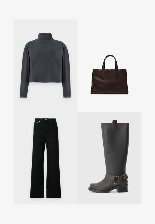 Svart läderjacka med ståkrage, frontdragkedja och långa ärmar. Har en mjuk textur och en åtsittande design. Inga synliga mönster.; DRYKORN ASIRAL - Sweatshirt - grey; Svart denimjeans med hög midja, bred benupptäckning, med framknäppning och dragkedja samt klassisk femficksdesign.; Svart läderknähöga stövlar med en texturerad finish, som har en sidobuckla och en låg klack. Detaljerad sömnad längs sömmarna.; Brun läder tote-väska med två avlånga handtag, strukturerad rektangulär form, slät textur och subtila sömdetaljer.