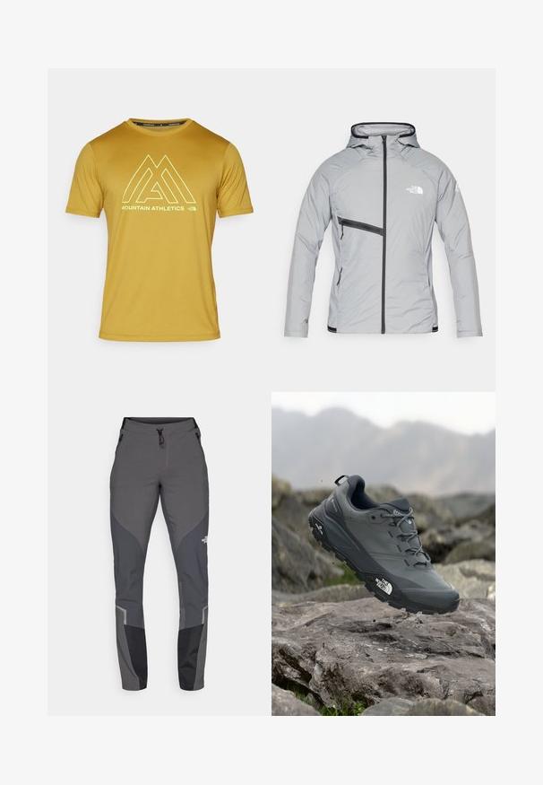 Světle šedá izolační bunda s kapucí, předním zipem a černými akcenty. Obsahuje kapsu na hrudi a logo na levé straně. Hladká textura.; The North Face SHORT SLEEVES TEE - Sportovní tričko - amber green; Šedé turistické kalhoty s užším střihem, mnoha kapsami a kontrastními tmavě šedými a černými akcenty. Vyrobené z flexibilního a odolného materiálu.; Šedá trailová běžecká bota s texturovaným svrškem, odolnou gumovou podrážkou a vyztuženou špičkou. Obsahuje tkaničky a logo značky na straně.