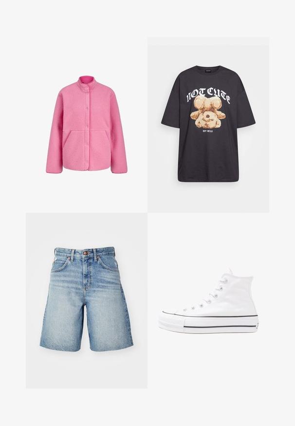 JJXX JXVERA TEDDY - Fleecetakki - morning glory; Mustat ylisuurent-paidat, joissa on karhun grafiikka ja teksti "EI SULOINEN VAAN VILLI" rohkealla valkoisella fontilla. Puuvillamateriaali.; Vaaleansiniset farkkushortsit, joissa on korkea vyötärö, napitus, viisi taskua ja hieno kuluminen, joka antaa käytetyn ilmeen.; Valkoiset korkeavartiset kangaskengät mustalla kumipohjalla, edessä kuminen varvasosa ja kuusi nauha-aukkoa, puhtaan minimalistisella muotoilulla.