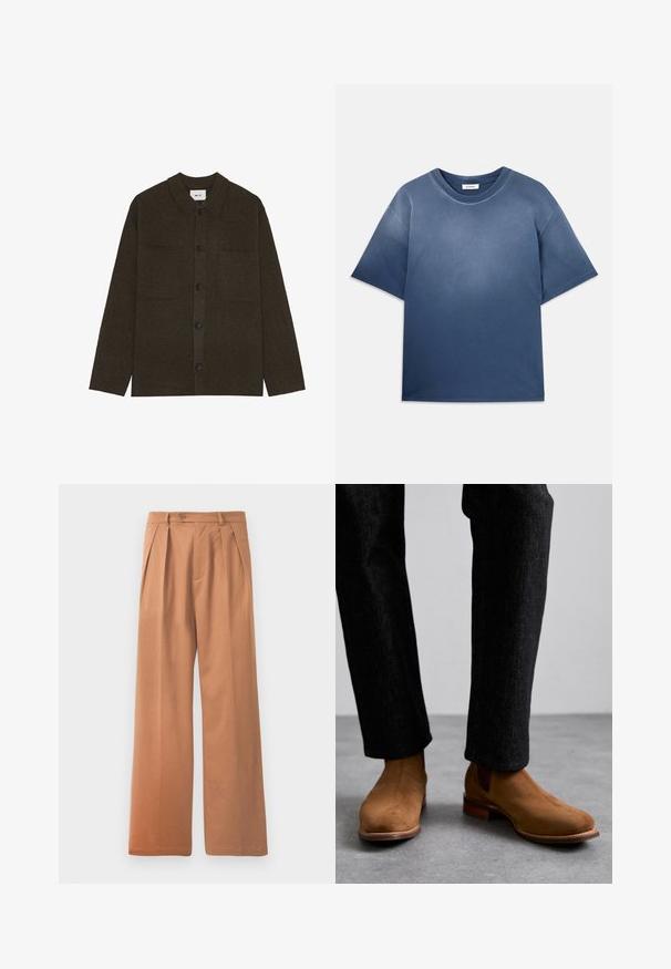 Ciemnozielona wełniana koszula overshirt z kołnierzem, z przodu zapinana na guziki i z dwiema kieszeniami na piersi. Charakteryzuje się miękką fakturą i luźnym krojem.; Niebieska koszulka bawełniana o luźnym kroju, z krótkimi rękawami, okrągłym dekoltem i miękką fakturą. Posiada stopniowy efekt blaknięcia koloru.; Beżowe spodnie o szerokim kroju z płaskim przodem, plisami i pojedynczym zapięciem na guzik w talii. Gładka tekstura i design pełnej długości.; Brązowe zamszowe botki Chelsea z elastycznymi panelami bocznymi i niskim, drewnianym obcasem, noszone z ciemnymi, lekko teksturowanymi spodniami.