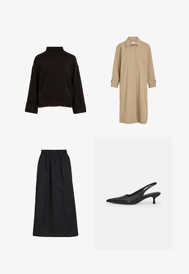 Bežinis ilgas paltas su vienu mygtuku ant apykaklės, paslėptu priekiu, šoninėmis kišenėmis ir mygtukiniais diržais ant rankovių.; Juodas megztinis su aukštu kaklu, laisvo kirpimo, su dryžuotomis rankogaliais ir apatine dalimi, pagamintas iš minkštos mezginio medžiagos. Paprastas, švarus dizainas.; Balta bluzelė su sudėtinga siuvinėjimu, apvaliais iškirpimais ir dekoratyviais raukiniais ant rankovių, su banginiu kraštu.; Juoda, iki kelių siekianti sijonas, pagamintas iš minkštos, lengvos medžiagos. Turi elastingą juosmenį ir paprastą, laisvai krentančią išvaizdą be papuošimų.; Juodos odinės slingback bateliai su smailiu nosiu ir plonu, lenktu kulnu. Yra diskretiška reguliuojama juostelė su metaliniu sagtimi.