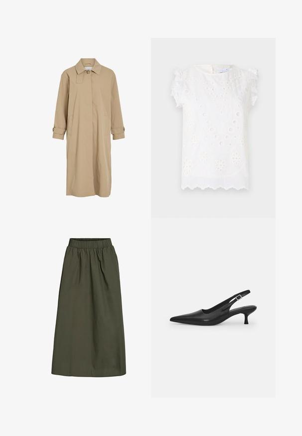 Bežinis ilgas paltas su vienu mygtuku ant apykaklės, paslėptu priekiu, šoninėmis kišenėmis ir mygtukiniais diržais ant rankovių.; Balta bluzelė su sudėtinga siuvinėjimu, apvaliais iškirpimais ir dekoratyviais raukiniais ant rankovių, su banginiu kraštu.; Alyvuogių žalia, kulkšnies ilgio sijonas su susirinkusia elastine juosta ir lygiu, šiek tiek raukšlėtu audinio paviršiumi.; Juodos odinės slingback bateliai su smailiu nosiu ir plonu, lenktu kulnu. Yra diskretiška reguliuojama juostelė su metaliniu sagtimi.