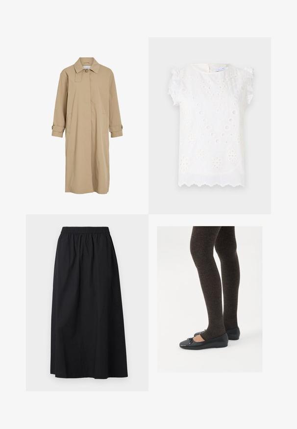 Trench coat bege longo com botão único no colarinho, fecho frontal oculto, bolsos laterais e tiras abotoadas nos punhos.; Blusa branca com bordados intrincados, recortes circulares e mangas decorativas com frufrus, com um hem bordado.; Saia maxi preta feita de material leve com um cós elástico e uma textura suave. Apresenta um design simples e limpo, sem adornos.; Sapatos planos pretos com um pequeno laço na ponta, emparelhados com meias-calças caneladas castanhas escuras. Os sapatos têm uma textura suave e um design discretamente baixo.