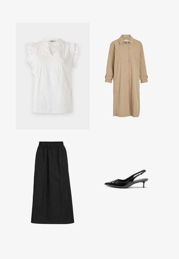 Beige long trench coat with single button at collar, concealed front closure, side pockets, and buttoned straps on cuffs.; White short-sleeve blouse with ruffled accents, V-neckline, pleats, and dot texture throughout. Made of lightweight fabric.; Black, knee-length skirt made of soft, lightweight fabric. Features an elastic waistband and a simple, flowing design without embellishments.; Black leather slingback heels with a pointed toe, small kitten heel, and a decorative knot detail on the front. Smooth texture throughout.