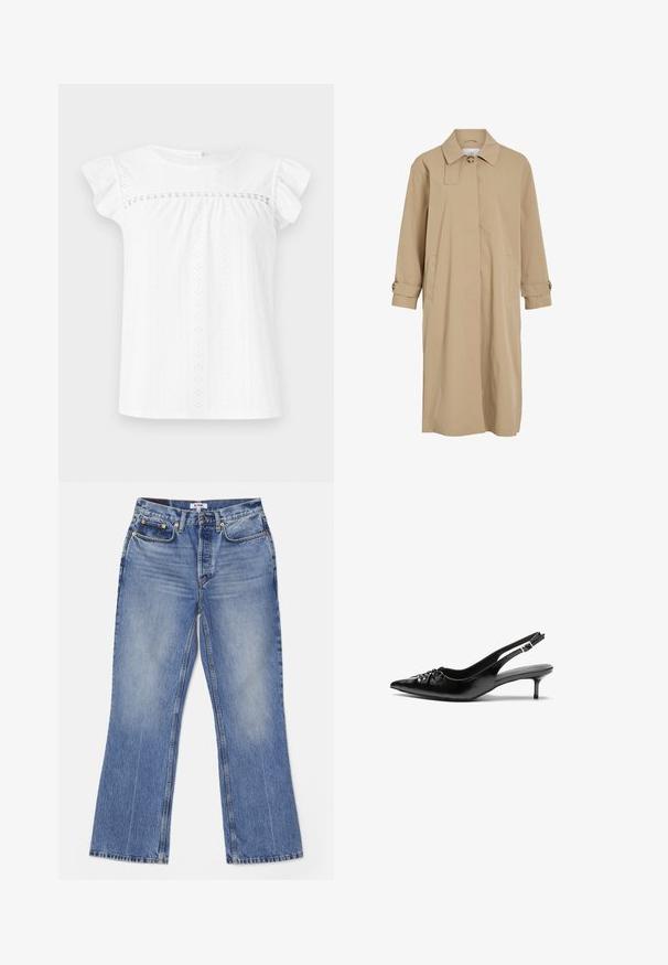 Beige langt trenchcoat med enkelt knapp ved kraven, skjult frontlukning, sidelommer og knaplukninger på ærmerne.; Hvid kortærmet top lavet af struktureret stof med hulmønstre. Har et samlet liv og flagrende ærmer, der skaber en afslappet silhuet.; RE/DONE LOOSE - Jeans Bootcut - hacienda; Sorte læderslippers med spidse tæer, lille kitten hæl og en dekorativ knude detalje foran. Glat tekstur hele vejen rundt.