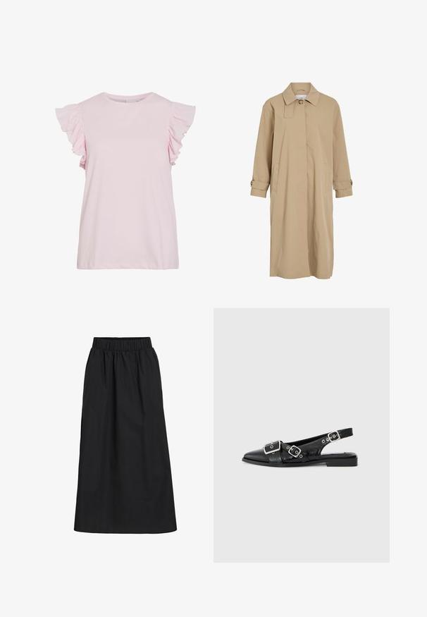 Bež dolg plašč s posamezno gumbom pri ovratniku, skrijto sprednjo zapiranje, stranskimi žepi in gumbastimi trakovi na manšetah.; Svetlo roza kratka majica s kratkimi rokavi in nabranimi detajli na ramenskih delih. Gladek bombažni material, okrogla izrez, sproščen kroj z ravnim robom.; Črna krilna krila do kolen, izdelana iz mehkega, lahkotnega materiala. Ima elastičen pas in preprost, tekoč dizajn brez okrasnih elementov.; Črne usnjene slingback čevlje s koničastim nosom, dvema srebrnima zaponkama in nizkim blokastim peto. Imajo teksturirano zgornji del in odprto zadnjo stran.