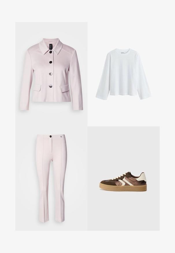 Vaaleanpunainen takki, jossa on pyöristetty kaulus, mustat napit ja kaksi etutaskua. Silkkinen pinta ja muotoiltu design korostavat sen rakenteellista ilmettä.; Valkoinen, pitkähihainen t-paita pehmeästä puuvillasta, jossa on pyöreä pääntie ja pudotetut olkapäät, rento istuvuus ilman näkyviä kuvioita.; Vaaleanpunaiset mittatilauksena tehdyt housut, joissa on hieman levenevät lahkeet, etupainikkeellinen kiinnitys, kaksi pystysaumaa ja sileä pinta.; Ruskeat ja kermaiset tennarit, joissa on mokkanahka- ja satiinimateriaaleja, kolmena vinona nauhana ja teksturoitu kumipohja.