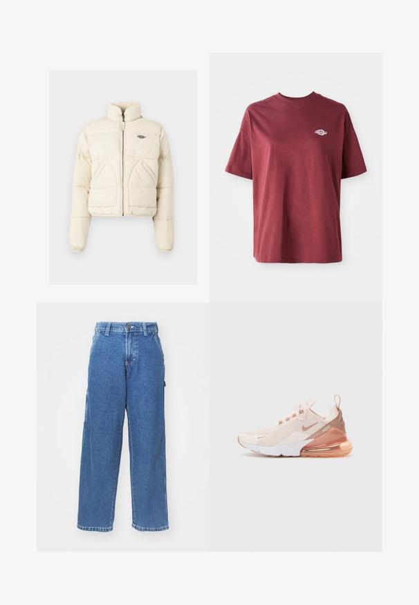 Apkarpota pūkinio striukė kremine spalva, su aukštu apykakle, priekiniais užtrauktukais ir dviem šoninėmis kišenėmis, ant krūtinės išsiuvinėtas logotipas.; Bordo medvilnės marškinėliai su apvalia kaklo linija, trumpomis rankovėmis ir mažuoju baltu logotipu kairėje krūtinės pusėje. Lygi tekstūra, laisvas pjūvis.; Mėlyni džinsiniai platūs kelnių modeliai su aukštu liemeniu, sagų uždarymu ir šoniniais kišenėmis. Išblukusi apdaila, minkšta tekstūra ir tiesus kirpimas.; Šviesiai rožiniai sportiniai batai su tekstūriniu viršumi, tinklelių panellėmis ir matomu oro pagalvės elementu padais. Pabrėžti balti ir persikiniai akcentai.