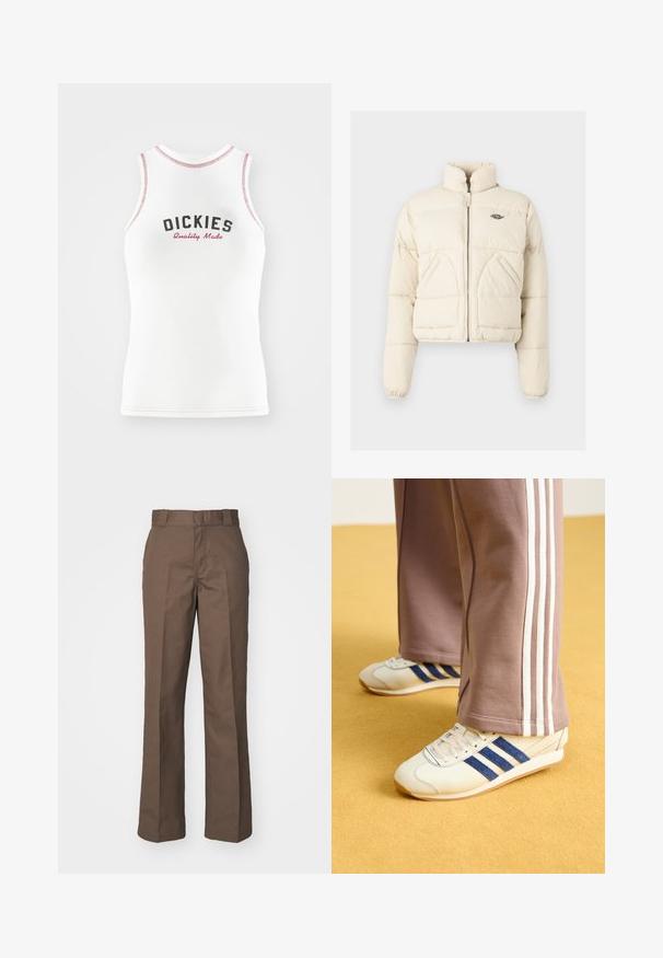 Jachetă de tip puffăr, scurtă, de culoare crem, cu guler înalt, fermoar frontal și două buzunare laterale, având un logo brodat pe piept.; Tricou fără mâneci, alb, cu text roșu și negru "DICKIES Quality Made". Prezintă margine cusută contrastantă roșie și o croială clasică.; Pantaloni din bumbac maro cu un design drept, având un față plată și bucle pentru curea. Textură netedă, fără modele sau accente vizibile.; Sneakers crem cu dungi din suede bleu, șireturi albe și talpă din cauciuc. Asortați cu pantaloni de trening gri cu dungi albe pe laterale.