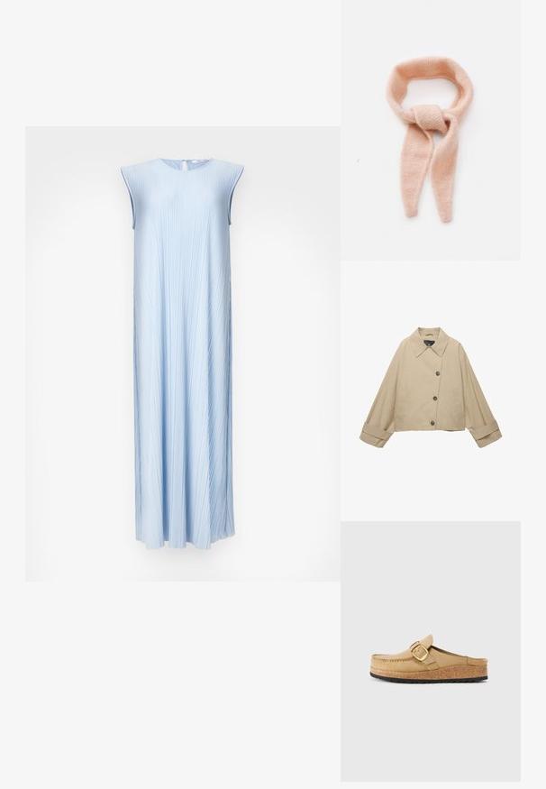 Vaaleanbeige lyhyt takki, jossa on leveä kaulus, suuret napit ja pitkät hihat. Sisältää sivutaskut ja sileän kankaan rakenteen.; Vaaleansininen laskostettu hihaton mekko, jossa on pyöreä pääntie ja avainreikä takakappaleessa. Lipuva A-linjainen muoto, sileä rakenne ja hienovarainen kiilto.; Beige saboittiet, joissa on leveä hihna ja kultainen solki, valmistettu pehmeästä materiaalista, jossa on korkkipohja ja teksturoitu musta kumipohja.; Vaaleanpunaista neulottua huivia, pehmeä tekstuuri, silmukkamuotoilu ja pitkät päät, keskellä solmukohta.