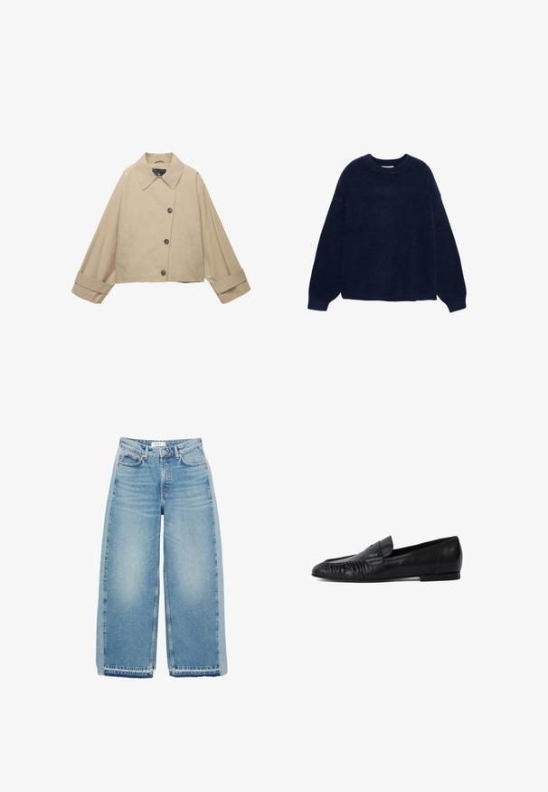 Bež usnjeni jakna s širokim ovratnikom, velikimi gumbi in dolgimi rokavi. Ima stranske žepe in gladko teksturo tkanine.; Mornarsko modra pletena pulover iz mehke tkanine, z okroglim izrezom in širokimi rokavi, sproščenega kroja in brez vidnih vzorcev ali strojnih delov.; Svijetloplave široke traperice s visokim strukom, dugmadi za zatvaranje, prednjim džepovima i neurednim rubom.; Črni usnjeni loafers čevlji z zaobljenim nosom, šivani detajli spredaj in ravnim podplatom. Minimalistična zasnova z diskretnim logotipom.