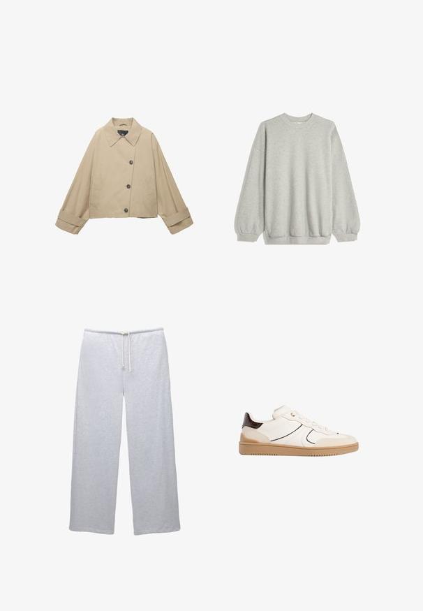 Beige cropped jakke med bred krave, store knapper og lange ærmer. Har sidelommer og en glat stoftekstur.; Grå sweatshirt lavet af blødt stof, med rund hals, lange ærmer med elastiske manchetter og en afslappet pasform. Ingen mønstre eller accenter.; PULL&BEAR Træningsbukser - grey; Stradivarius Sneakers - white