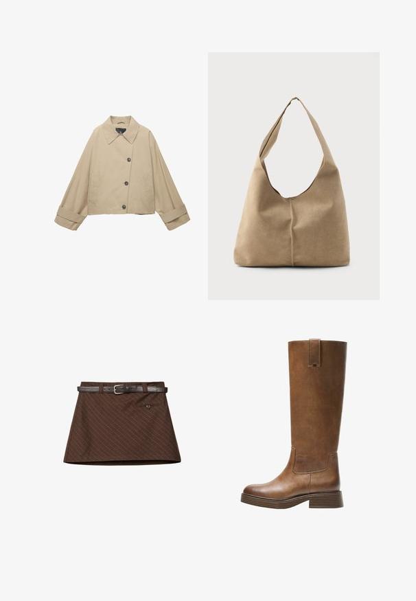 Béžová skrátená bunda so širokým golierom, veľkými gombíkmi a dlhými rukávmi. Obsahuje bočné vrecká a hladkú textúru látky.; Béžový skrátený sveter vyrobený z mäkkého pleteného materiálu. Má okrúhly výstrih, dlhé rukávy a rebrované manžety a lem pre dodatočnú textúru.; Hnedá sukňa s jemným prúžkovaným vzorom, s hnedým koženým opaskom, jednou prednou vreckom a štruktúrovaným A-silhouette tvarom.; Hnedá kožená vysoká čižma do kolien s okrúhlou špičkou, textúrovaným povrchom a nízkym zúženým podpätkom. Obsahuje postranný panel a pútko na vrchu.; Hobo taška z mäkkej béžovej semišovej kože so splývavým tvarom, širokým ramenným popruhom a ručne šitým detailom švu na prednej strane.