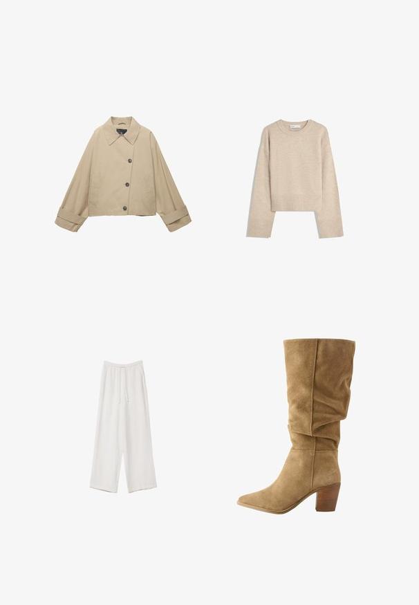 Beige kort jacka med bred krage, stora knappar och långa ärmar. Har sidfickor och en slät tygtextur.; Beige kortärmad tröja i mjukt stickat material. Har rund halsringning, långa ärmar samt ribbade muddar och nederkant för ökad textur.; Vita vida byxor i vid passform gjorda av ett lättviktsmaterial. Har en elastisk midja med dragsko och sidofickor. Slät textur.; Bruna mockakängor i knähöjd med en slouchad design, spetsig tå och en staplad träklack. Mjuk textur med synliga sömnadsdetaljer.