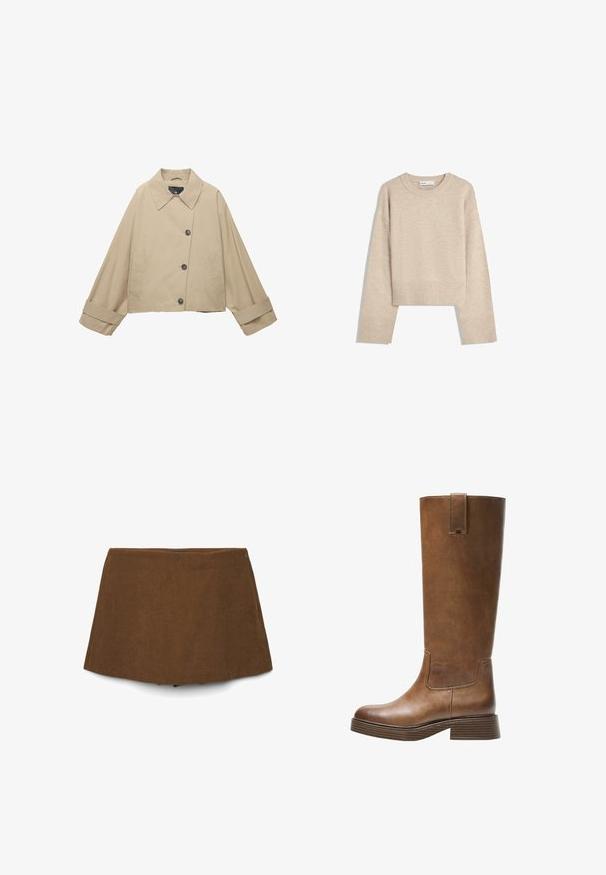 Veste cropped beige avec un large col, de grands boutons et des manches longues. Présente des poches latérales et une texture de tissu lisse.; Pull en beige court en tricot doux. Présente un col rond, des manches longues et des bords-côtes aux poignets et à l'ourlet pour une texture supplémentaire.; Jupe mini A-line en velours côtelé marron avec une fermeture éclair discrète sur le côté, présentée sur un fond blanc.; Botte en cuir marron, montée jusqu'au genou, avec un bout arrondi, une surface texturée et un petit talon empilé. Elle présente un panneau latéral et une languette sur le dessus.