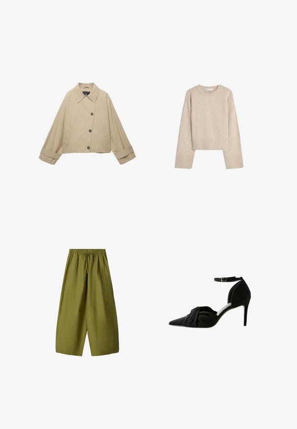 Bež usnjeni jakna s širokim ovratnikom, velikimi gumbi in dolgimi rokavi. Ima stranske žepe in gladko teksturo tkanine.; Bež pulover s kratkimi rokavi, izdelan iz mehkega pletenega materiala. Ima okroglo izrez, dolge rokave ter rebraste manšete in spodnji rob za dodatno teksturo.; Olivno zelene široke hlače z elastičnim pasom in vrvico. Narejene so iz lahke tkanine, z dvema stranskima žepoma.; Črne semiš visoke pete z ostro konico, z vozlom na sprednjem delu in trakcem okoli gležnja. Imajo slim stiletto peto in eleganten dizajn.