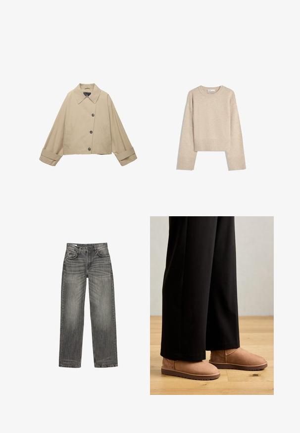 Bež usnjeni jakna s širokim ovratnikom, velikimi gumbi in dolgimi rokavi. Ima stranske žepe in gladko teksturo tkanine.; Bež pulover s kratkimi rokavi, izdelan iz mehkega pletenega materiala. Ima okroglo izrez, dolge rokave ter rebraste manšete in spodnji rob za dodatno teksturo.; Sive jeans z rahelim krojem, ki vključujejo pet žepov, subtilno zbledelost in ravno nogo. Klasičen pas s zankami za pas.; Rjave nubuk škornje do gležnjev z ravnim gumijastim podplatovom, zaobljenim nosom in minimalnim šivanjem, oblečene z črnimi širokimi hlačami na leseni tlaki.