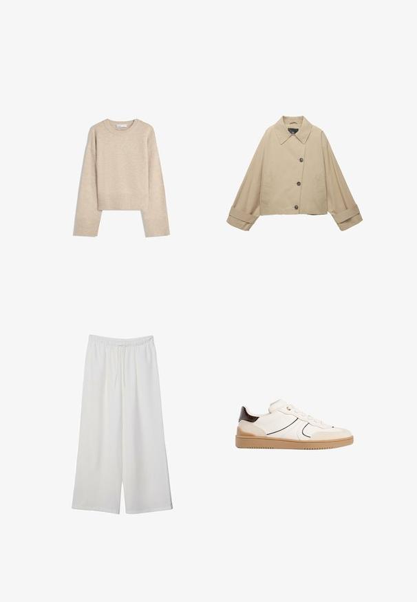Bež jakna skraćena kroja s širokim ovratnikom, velikim dugmadi i dugim rukavima. Ima bočne džepove i glatku teksturu tkanine.; Bežani skraćeni pulover napravljen od mekog pletenog materijala. Ima okrugli izrez, duge rukave i rebraste manžete i porub za dodatnu teksturu.; Bijele hlače širokog kroja izrađene od lagane tkanine, s elastičnim pojasom i vezicom za prilagodljivu veličinu. Glatka tekstura.; Stradivarius Tenisice - white