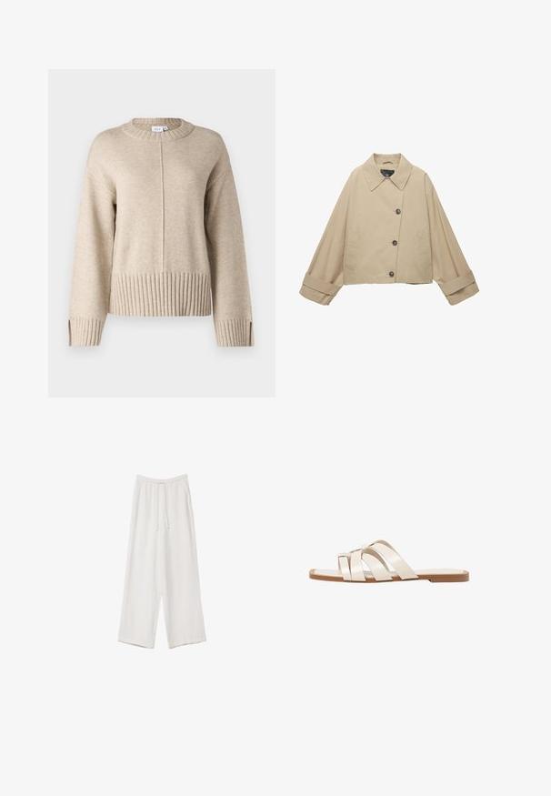 Beige kort jacka med bred krage, stora knappar och långa ärmar. Har sidfickor och en slät tygtextur.; Beige stickad tröja med rund hals, ribbad nederkant och ärmslut. Har en vertikal sömsdetail framtill och sidsprång vid nederkanten.; Vita vida byxor i vid passform gjorda av ett lättviktsmaterial. Har en elastisk midja med dragsko och sidofickor. Slät textur.; Platta sandaler med en brun gummisula, designade med tre överlappande vita läderspännen och en liten rosett i mitten.