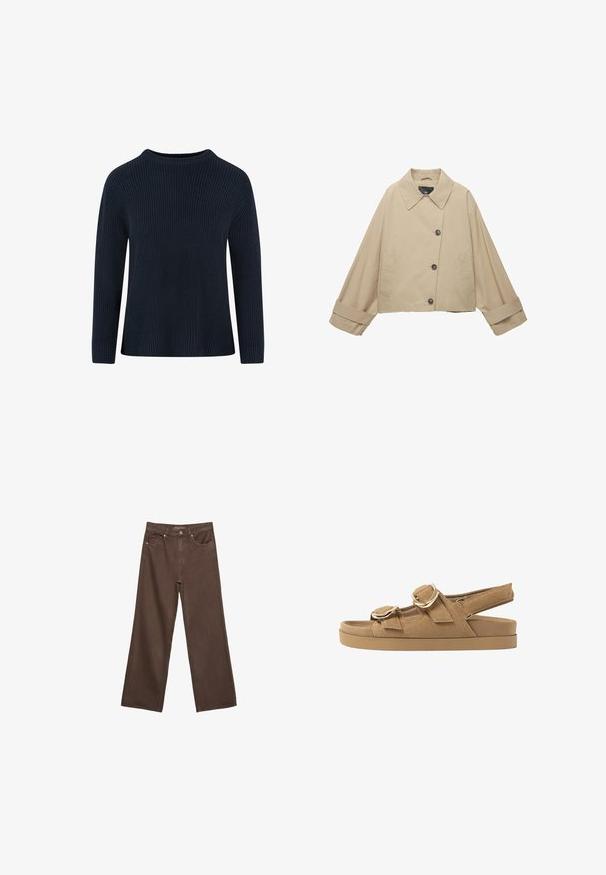 Beige cropped jasje met een brede kraag, grote knopen en lange mouwen. Beschikt over zijzakken en een gladde stofstructuur.; Marineblauwe gebreide trui met een ronde halslijn, ribbeltextuur, lange mouwen en een ontspannen pasvorm. Geen zichtbare patronen of accenten.; Brede bruine spijkerbroek van denim, met een hoge taille, voorzakken en een klassieke knoopsluiting. Soepele textuur met subtiele stiksels.; Tan suède sandalen met twee verstelbare bandjes, gouden hardware-accenten en een dikke, gevoerde zool voor comfort en steun.