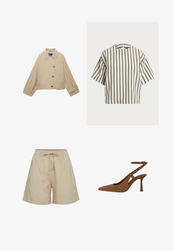 Beige cropped jasje met een brede kraag, grote knopen en lange mouwen. Beschikt over zijzakken en een gladde stofstructuur.; Korte mouwen, gestreepte top in crème en marineblauw, met een ronde halslijn en een boxy ontwerp van een textuurstof.; Beige, lichte stof shorts met een elastische tailleband en trekkoord. Heeft een relaxed fit en zijzakken. Soepele textuur.; Bruine suede slingback hoge hak schoen met een spitse neus en dunne enkelband, met een heldere geometrische hak.