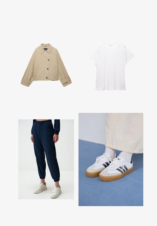 Beige cropped jasje met een brede kraag, grote knopen en lange mouwen. Beschikt over zijzakken en een gladde stofstructuur.; Witte T-shirt van zacht, lichtgewicht stof. Heeft een ronde halslijn en korte, brede mouwen met een ontspannen pasvorm. Geen zichtbare patronen.; Marine joggingsbroek van zachte stof met een elastische tailleband, zijzakken en aansluitende manchetten. Gecombineerd met witte platform sneakers.; Witte sneakers met zwarte strepen en beige suède accenten. Voorzien van een gestructureerde gumzool en platte witte veters, gedragen met lichtgekleurde sokken.