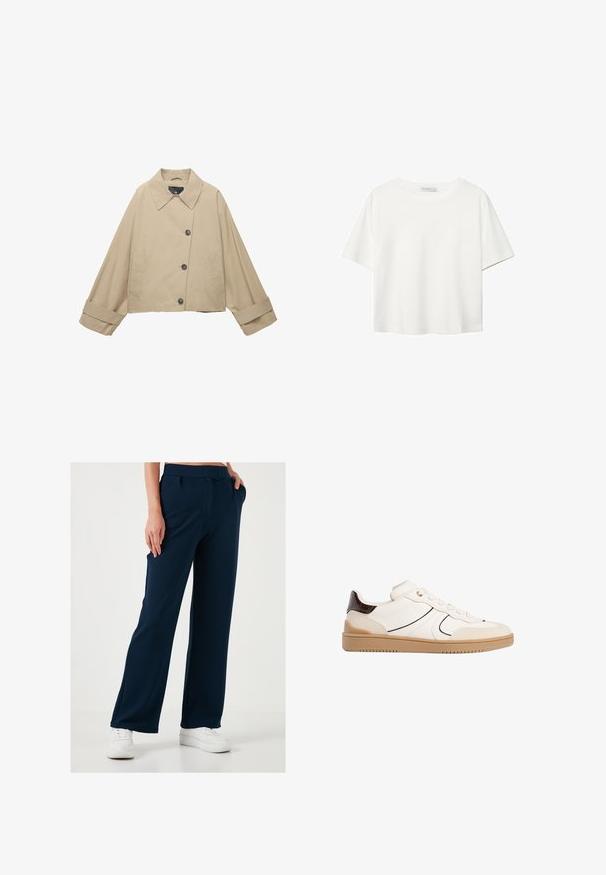 Beige cropped Jacke mit breitem Kragen, großen Knöpfen und langen Ärmeln. Verfügt über Seitentaschen und eine glatte Stofftextur.; Weißes T-Shirt mit kurzen Ärmeln aus Baumwolle. Hat einen Rundhalsausschnitt und eine lockere Passform. Glatte Textur ohne sichtbare Muster oder Akzente.; Marineblaue weit geschnittene Hose aus einem weichen, dehnbaren Stoff mit einem Kordelzugbund und seitlichen Taschen, kombiniert mit weißen Sneakers.; Stradivarius Sneaker low - white