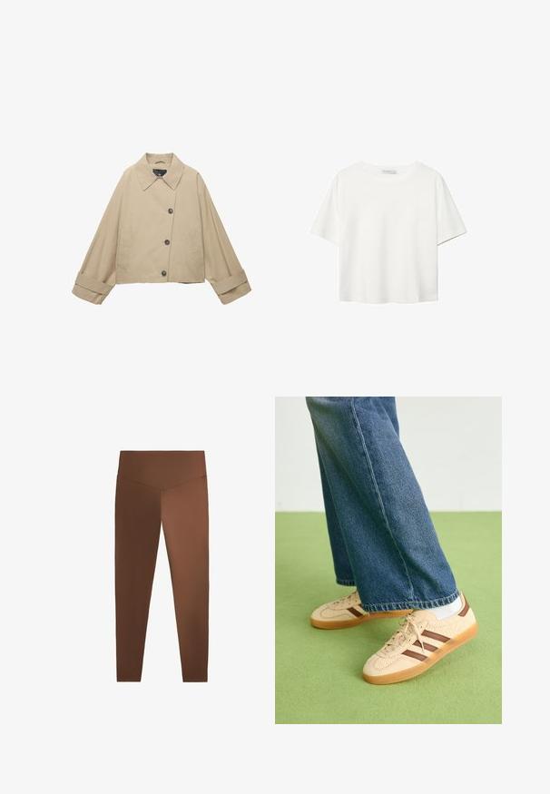 Beige cropped Jacke mit breitem Kragen, großen Knöpfen und langen Ärmeln. Verfügt über Seitentaschen und eine glatte Stofftextur.; Weißes T-Shirt mit kurzen Ärmeln aus Baumwolle. Hat einen Rundhalsausschnitt und eine lockere Passform. Glatte Textur ohne sichtbare Muster oder Akzente.; Braunfarbene Leggings mit glatter Textur, hohem Bund und schmal zulaufenden Beinen, aus dehnbarem Material. Keine Muster oder sichtbaren Beschläge.; Beige Sneakers mit strukturierten cremefarbenen Paneelen und braunen Streifen, kombiniert mit blauen Jeans. Die Jeans haben einen weiten Beinschnitt und einen fransigen Saum.