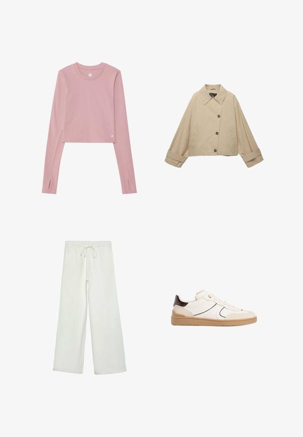 Giacca cropped beige con ampio colletto, grandi bottoni e maniche lunghe. Presenta tasche laterali e una trama di tessuto liscia.; Top corto a maniche lunghe in morbido tessuto rosa; presenta un colletto rotondo, aperture per il pollice nei polsini e un piccolo logo sull'orlo.; Pantaloni bianchi a gamba larga realizzati in un tessuto morbido. Presentano un elastico in vita con cordino e una consistenza liscia. Senza motivi visibili o accessori.; Stradivarius Sneakers basse - white