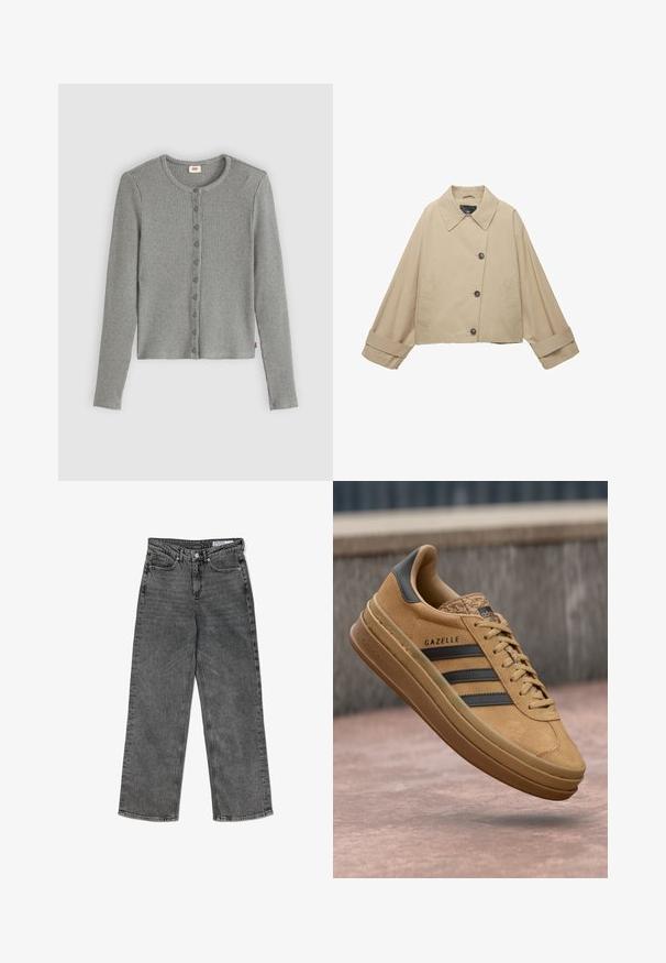 Beige cropped jacket with a wide collar, large buttons, and long sleeves. Features side pockets and a smooth fabric texture.; Gray ribbed cardigan with long sleeves, round neckline, and button front closure. Soft texture with a fitted shape and subtle branding tag.; High-waisted black washed straight-leg jeans with front pockets, belt loops, button closure, and a branded inner waistband label.; Tan suede sneakers with a smooth texture, featuring three dark stripes, a rounded toe, and a thicker sole with a patterned edge.