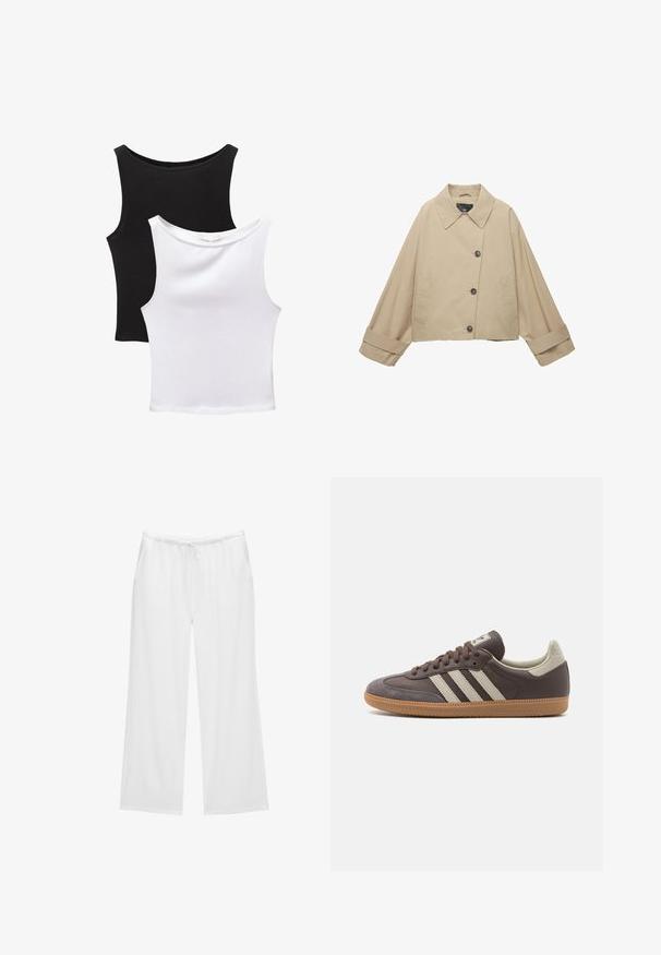 Jachetă bej scurtă cu o guler lat, nasturi mari și mâneci lungi. Are buzunare laterale și o textură a țesăturii netedă.; Două bluze fără mâneci, una neagră și una albă, realizate din bumbac. Au decolteuri rotunde și un design ajustat cu textură netedă.; Pantaloni albi cu picioare largi, confecționați dintr-un material moale, având o talie elastică cu șnur și două buzunare laterale. Design simplu și curat.; Tenisi din piele maro cu trei dungi de culoare deschisă, talpă din cauciuc de tip gumă, vârf rotunjit și accente din suede texturat la călcâi și vârf.