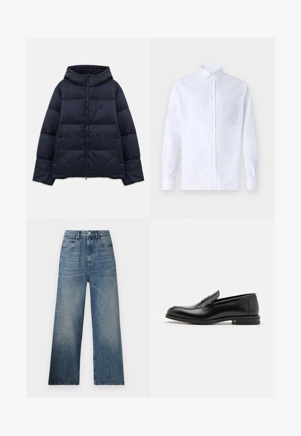 Námořnická modrá prošívaná bunda s kapucí, se zapínáním na přední straně, prošívaným vzorem a malým logem na hrudi. Měkká, hladká textura.; Bílá dlouhá košile s knoflíky vyrobená z bavlny, která má náprsní kapsu s tónovanou výšivkou, límec a knoflíkové manžety.; Modré denimové kalhoty s širokými nohavicemi a vysokým pasem, které mají jemné zvětrání, pět kapes a kovové zapínání na knoflík vpředu.; Černé kožené polobotky s hladkou texturou, zaoblenou špičkou a zdobným páskem přes nárt. Nízký stohovaný podpatek, minimalistický design.