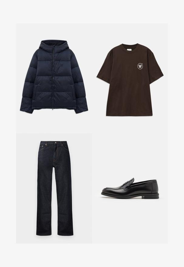 Doudoune bleu marine avec capuche, présentant une fermeture éclair à l'avant, un design matelassé et un petit logo sur la poitrine. Texture douce et lisse.; T-shirt à manches courtes marron foncé avec un petit logo circulaire blanc représentant un "W" entrelacé sur le côté gauche de la poitrine.; Jean en denim bleu foncé avec un design à jambe droite, cinq poches et des détails de surpiqûre orange. Fermeture à bouton en métal et zip.; Mocassins en cuir noir avec une texture lisse, bout rond et une sangle décorative sur le dessus. Talon bas empilé, design minimaliste.