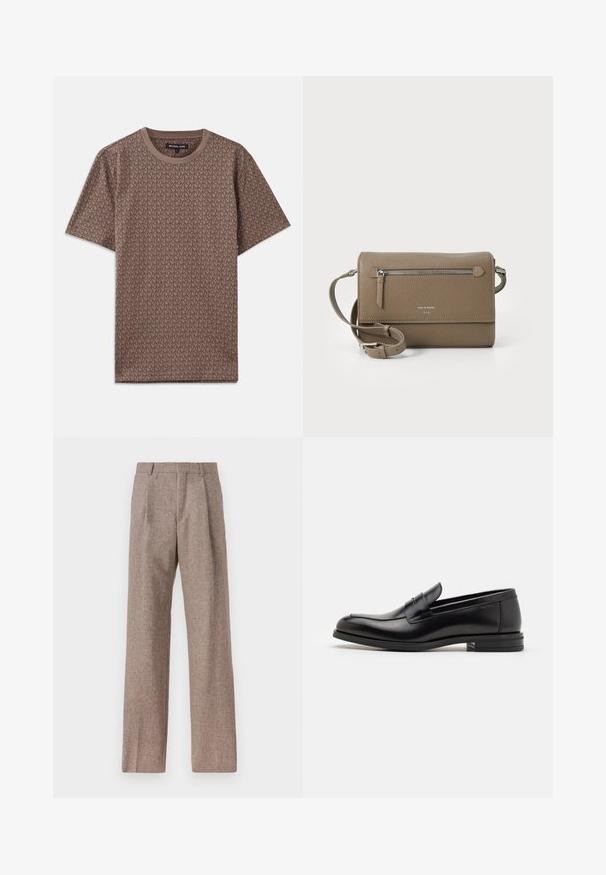 Dunkelblaue Daunenjacke mit Kapuze, mit einem Reißverschluss vorne, gestepptem Design und einem kleinen Logo auf der Brust. Weiche, glatte Textur.; Braunes T-Shirt mit kurzen Ärmeln, das ein sich wiederholendes MK-Logo-Muster aufweist, einen Rundhalsausschnitt hat und aus weichem Stoff besteht.; Braune, hochtaillierte Hose aus strukturiertem Stoff. Mit weitem Bein und zwei vorderen Bügelfalten für zusätzliche Form. Saubere Verarbeitung ohne sichtbare Hardware.; Schwarze Lederloafers mit glatter Textur, rundem Zehenbereich und einem dekorativen Riemen über dem Vorderfuß. Niedriger, gestapelter Absatz, minimalistisches Design.; Taupe Leder Umhängetasche mit einem Reißverschluss-Frontfach, verstellbarem Schulterriemen, Strukturleder und geprägt Logo auf der Vorderseite.