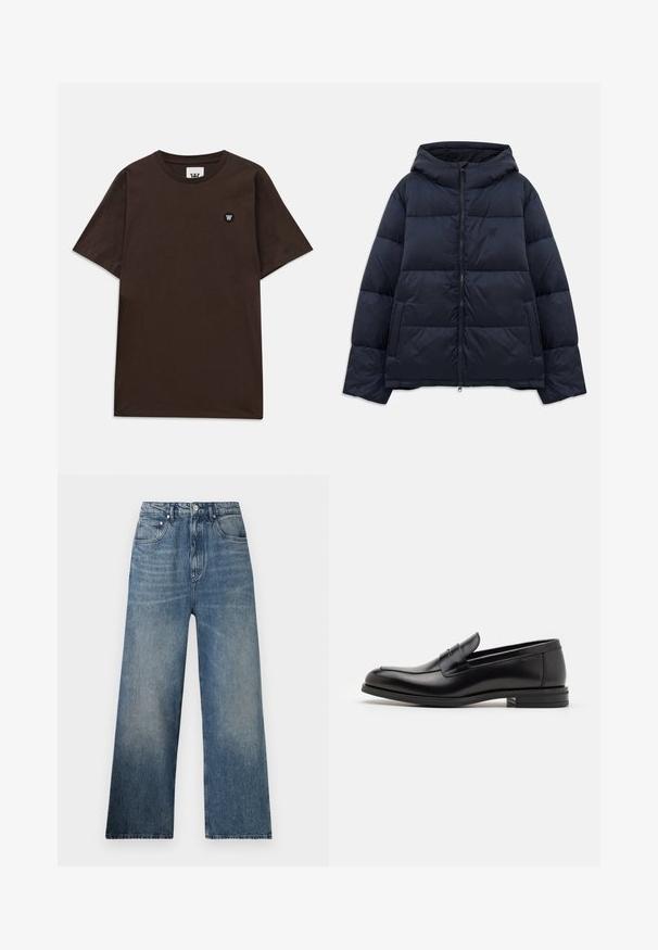 Navy blue puffer jacket with a hood, featuring a front zipper, quilted design, and a small logo on the chest. Soft, smooth texture.; Dark brown short-sleeve t-shirt with a round neckline and a small black and white logo patch on the upper left chest.; Blue denim wide-leg jeans with a high waist, featuring subtle fading, five pockets, and a metal button closure at the front.; Black leather loafers with a smooth texture, rounded toe, and a decorative strap across the vamp. Low stacked heel, minimalist design.
