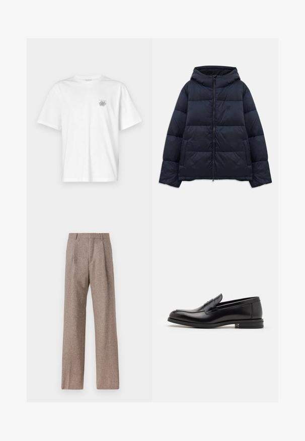 Námornícky modrá prešívaná bunda s kapucňou, s predným zipsom, prešívaným dizajnom a malým logom na hrudi. Jemná, hladká textúra.; Biela tričko vyrobené z bavlny, s krátkymi rukávmi, okrúhlym výstrihom a malým šedým logom na oblasti ľavej hrude. Hladká textúra.; Hnedé, vysoké nohavice vyrobené z texturovanej látky. Majú široké nohavice a dva predné záhyby pre štruktúru. Úhľadné spracovanie bez viditeľného kovania.; Čierne kožené mokasíny s hladkou textúrou, zaoblenou špičkou a dekoračným pásikom cez priehlavok. Nízky vrstvený opätok, minimalistický dizajn.