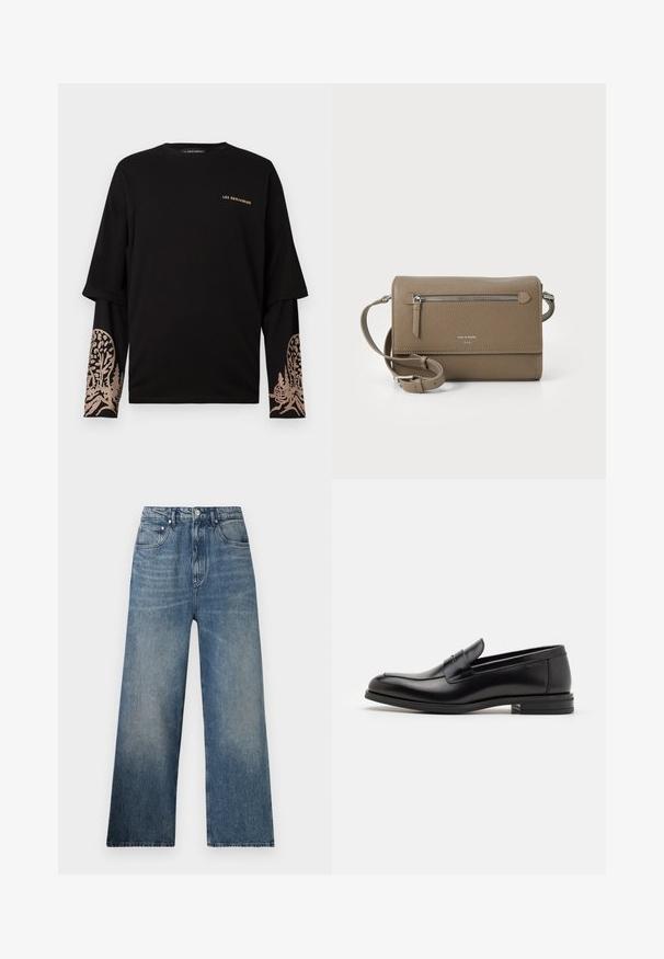 Tamsiai mėlynas pūkinis švarkas su kapišonu, su priekiniais užtrauktukais, siuvinėta medžiaga ir maža logo ant krūtinės. Minkšta, lygi tekstūra.; Juodas ilgomis rankovėmis sluoksniuotas marškiniai su smėlio spalvos "LES BENJAMINS" tekstu krūtinėje ir medžio bei kabinos grafika ant apatinės rankovių dalies.; Mėlynos džinsinės plačios kojos kelnės su aukštu juosmeniu, turinčios subtilių nudilimų, penkis kišenes ir metalinį mygtuko užsegimą priekyje.; Juodos odinės loafers, turinčios lygų paviršių, apvalią noselę ir dekoratyvinę juostą per priekinę dalį. Žemas krentantis kulnas, minimalistinis dizainas.; Kakavinės odos per petį maišas su užtrauktuku priekinėje kišenėje, reguliuojama dirželiu, akmens tekstūra ir iškilniu logotipu priekyje.