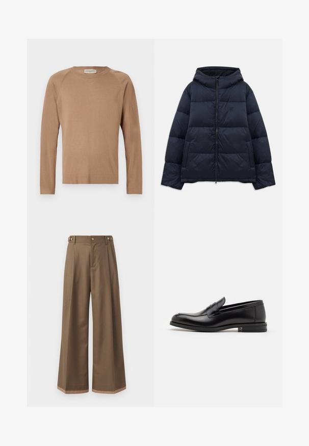 Navy blue puffer jacket with a hood, featuring a front zipper, quilted design, and a small logo on the chest. Soft, smooth texture.; Light brown knit sweater with long sleeves, crew neck, and raglan seams. Soft texture and simple design. Unembellished and versatile.; Wide-leg trousers in a dark brown fabric, featuring two side pockets, two decorative front buttons, and a contrast hem detail.; Black leather loafers with a smooth texture, rounded toe, and a decorative strap across the vamp. Low stacked heel, minimalist design.