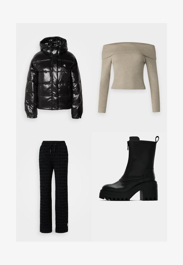 Melna pūkainā jaka ar spīdīgu apdari, kas aprīkota ar kapuci, rāvējslēdzēju un elastīgām piedurknēm. Ievērojama logo detaļa uz krūšu.; Bežs off-the-shoulder ribu adījuma tops ar garām piedurknēm un pieguļošu dizainu. Tajā ir neliela logotipa akcentācija apakšējā malu.; Melnas sporta bikses ar atkārtotu logo rakstu, elastīgu jostu ar auklu un brīvu piegriezumu komfortam.; Melna ādas potītes zābaku ar masīvu zoli, taisnu papēdi, sānu rāvējslēdzēju un cilpu aizmugurē uz vienkārša balta fona.