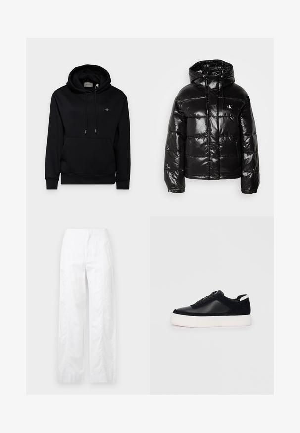 Black puffer jacket with a glossy finish, featuring a hood, zip closure, and elastic cuffs. Notable logo detail on the chest.; Black hoodie with a front pocket, drawstrings, and soft fabric. Features a small embroidered logo on the chest and ribbed cuffs.; White wide-leg trousers made of lightweight fabric, featuring a smooth texture, clean lines, and a high waist design.; Black sneaker with smooth leather and suede panels, flat laces, rounded toe, and a white rubber sole. Distinct logo on the heel.