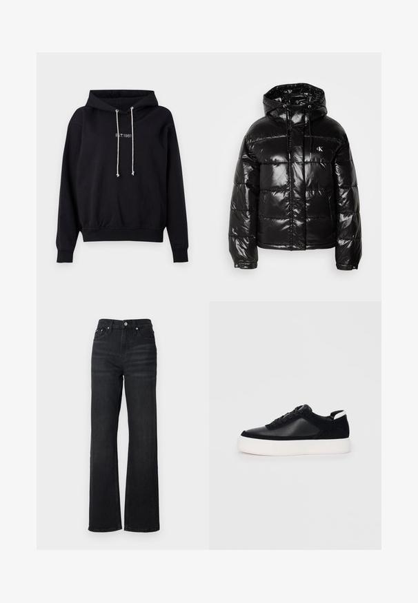Černá péřová bunda s lesklým povrchem, vybavená kapucí, zipovým zapínáním a elastickými manžetami. Výrazný detail loga na hrudi.; Černá mikina s kapucí vyrobená z bavlny, s tkaničkou na kapuci, vroubkovanými manžetami a lemem. Na hrudi je bílý vyšitý nápis "EST. 1981".; Černé džíny s širokým střihem a vysokým pasem, pět kapsami a stříbrným kovovým knoflíkem. Tkanina má hladkou texturu a mírnou pružnost.; Černé sneakersy s hladkou kůží a semišovými panely, plochými šňůrkami, zaoblenou špičkou a bílou gumovou podrážkou. Výrazné logo na patě.