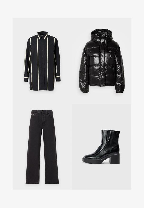 Melna pūkainā jaka ar spīdīgu apdari, kas aprīkota ar kapuci, rāvējslēdzēju un elastīgām piedurknēm. Ievērojama logo detaļa uz krūšu.; Melnā garo piedurkņu krekls ar vertikālām bēša svītrām, pogājama priekšpuse, klasiskā apkakle un kontrastējošas piegrieztes un apkakles malas.; Melni platmalu džinsi, kas izgatavoti no denima, ar augstu vidukli, piecu kabatu dizainu un metāla pogas aizdari ar kontrastējošu šuvumu.; Melnas lakotas ādas potītes zābaki ar izliekto purngalu, elastīgām sānu paneļiem un masīvu blokveida papēdi. Aizmugurē ir izsistā logo.