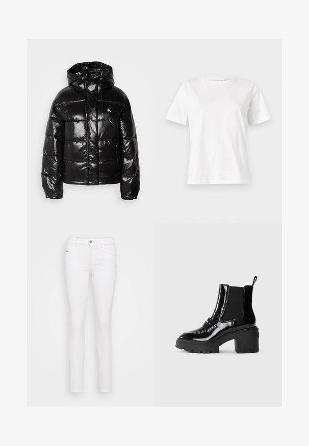 Fekete puffdzseki fényes felülettel, kapucnival, cipzáras záródással és rugalmas mandzsettákkal. Figyelemre méltó logó részlet a mellrészen.; Fehér pamut póló rövid ujjakkal, kerek nyakkivágással és laza szabással. Sima textúra, nincsenek minták vagy díszítések, minimalista dizájn.; Fehér, vékony farmernadrág, pamut keverék anyagból készült, elöl gombzáras, öt zsebbel rendelkezik, és sima, minta nélküli textúrával bír.; Fekete lakk bokacsizma vastag sarkakkal, elasztikus oldalsó panelekkel, díszítő pánttal és kontrasztos varrással. Sima textúra fényes felülettel.
