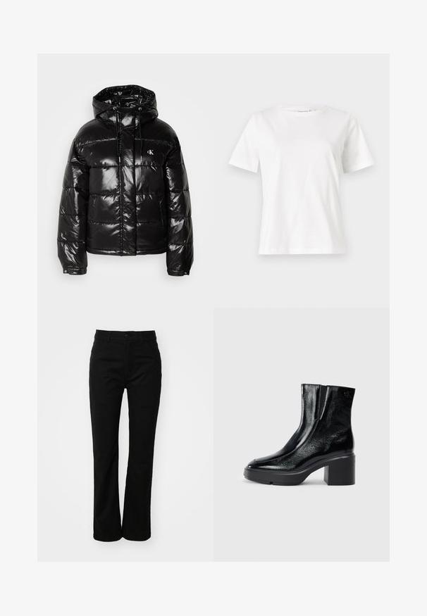 Svart pufferjacka med glansig yta, med huva, dragkedjestängning och elastiska ärmslut. Anmärkningsvärd logotypdetalj på bröstet.; Vit bomullströja med korta ärmar, rund halsringning och en avslappnad passform. Slät textur, inga mönster eller detaljer, minimalistisk design.; Svarta bomullsbyxor med rak bendesign, som har en framknäppning med knapp, bältesömmar och två sidofickor. Slät textur.; Svarta lacklädersankelstövlar med rundad tå, elastiska sidopaneler och en chunky klack. Har en präglad logotyp på baksidan.