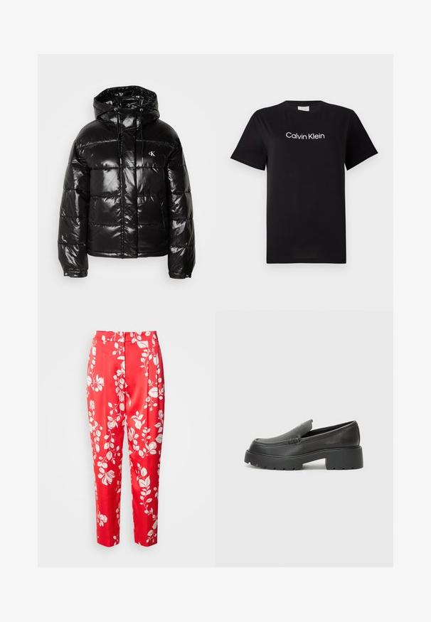 Schwarze Daunenjacke mit glänzender Oberfläche, ausgestattet mit Kapuze, Reißverschluss und elastischen Bündchen. Auffälliges Logo-Detail auf der Brust.; Schwarzes Baumwoll-T-Shirt mit kurzen Ärmeln, mit einem weißen Logo "Calvin Klein", das quer über die Brust gedruckt ist. Klassisches Rundhalsausschnitt-Design.; Rote Hosen aus glattem Stoff mit einem weißen Blumenmuster. Sie haben eine taillierte Passform mit hoher Taille und verkürzter Länge.; Schwarze Lederloafer mit einer abgerundeten Spitze, dicker strukturierten Laufsohle und minimalen Nähten. Schlankes Design ohne sichtbare Schnürsenkel oder Beschläge.