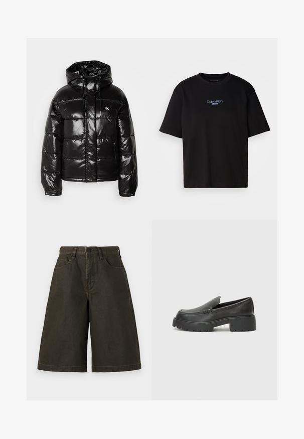 Svart pufferjacka med glansig yta, med huva, dragkedjestängning och elastiska ärmslut. Anmärkningsvärd logotypdetalj på bröstet.; Svart bomulls T-shirt med rund nacke, korta ärmar och blå broderad "Calvin Klein JEANS" logotyp på framsidan.; AllSaints RIKU - Jeansshorts - golden black; Svarta läderloafers med rund tå, tjockt strukturerat såle och minimala sömnadsdetaljer. Snygg design utan synliga snören eller beslag.