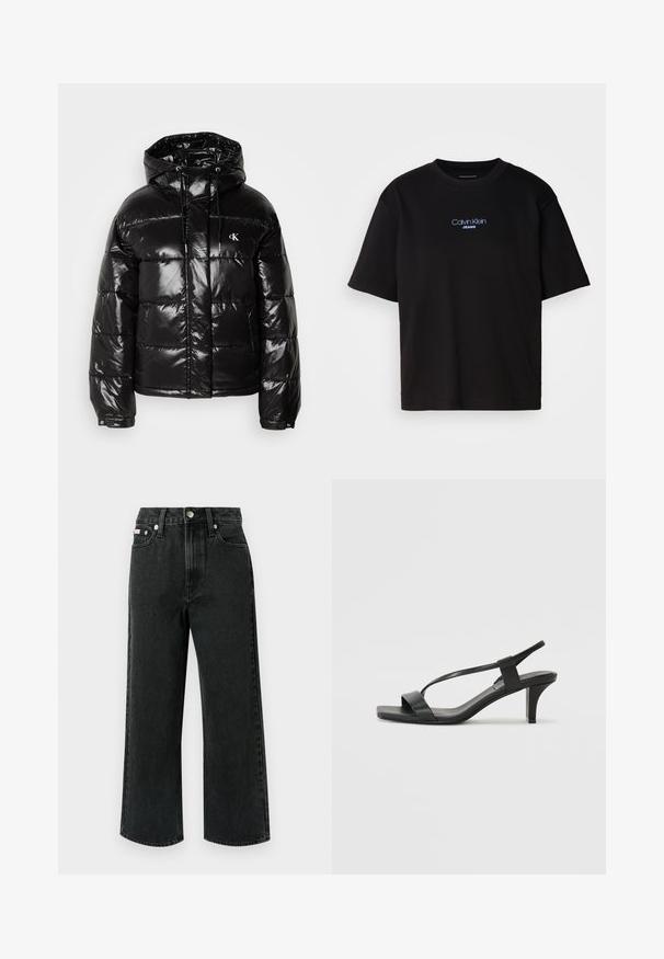 Svart boblejakke med blank overflate, med hette, glidelås og elastiske mansjetter. Utpreget logo detalj på brystet.; Sort bomull t-skjorte med rund hals, korte ermer, og blå brodert "Calvin Klein JEANS" logo på forsiden.; Vide jeans i svart denim, med høy midje, to frontlommer, en baklomme og knappelukking med sølvdetalj.; Svarte hæl-sandaler med et slankt stroppedesign, firkantet tå og en mellomhøy blokkheel. Laget av glatt lær med en matt finish.