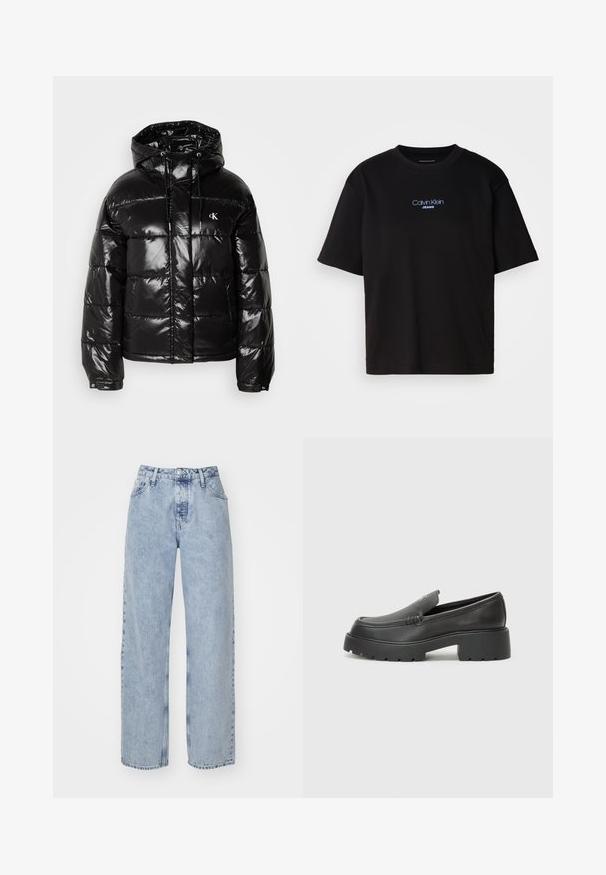 Geacă pufă neagră cu finisaj lucios, dotată cu glugă, închidere cu fermoar și manșete elastice. Detaliu vizibil cu logo pe piept.; Tricou din bumbac negru cu guler rotund, mâneci scurte și logo-ul brodat în albastru "Calvin Klein JEANS" pe față.; Jeans evazate de culoare albastru deschis, fabricate din denim. Prezintă o talie înaltă, cinci buzunare și un sistem de închidere cu buton și fermoar. Suprafață texturată, decolorare minimă.; Mocasini din piele neagră, cu vârf rotunjit, talpă groasă texturată și detalii minimale de cusătură. Design elegant, fără șireturi sau accesorii vizibile.