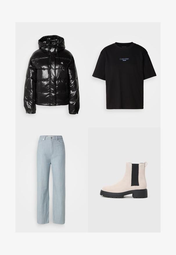Geacă pufă neagră cu finisaj lucios, dotată cu glugă, închidere cu fermoar și manșete elastice. Detaliu vizibil cu logo pe piept.; Tricou din bumbac negru cu guler rotund, mâneci scurte și logo-ul brodat în albastru "Calvin Klein JEANS" pe față.; Jeans drepti de culoare bleu deschis, din denim. Prezintă cinci buzunare, un închizător metalic și o ușoară decolorare pentru textură.; Botine Chelsea din suede bej, cu panou elastic lateral negru, talpă groasă neagră și tab de prindere la gleznă.